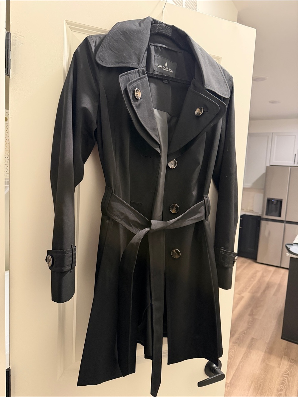London Fog Black Double-Breasted Trench Coat with Waist Tie